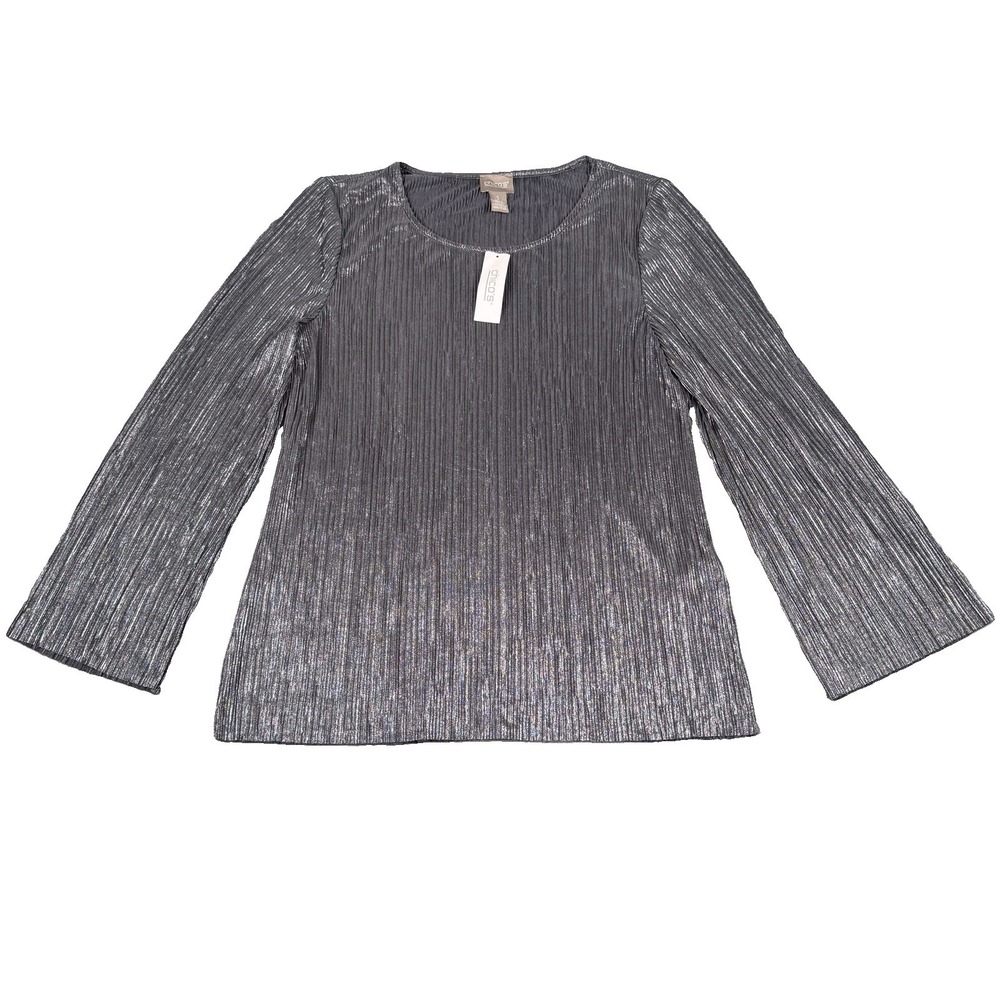 Chicos Sparkle Top Womens 1 M Silver Metallic Shimmer Pleated Long Sleeve NWT